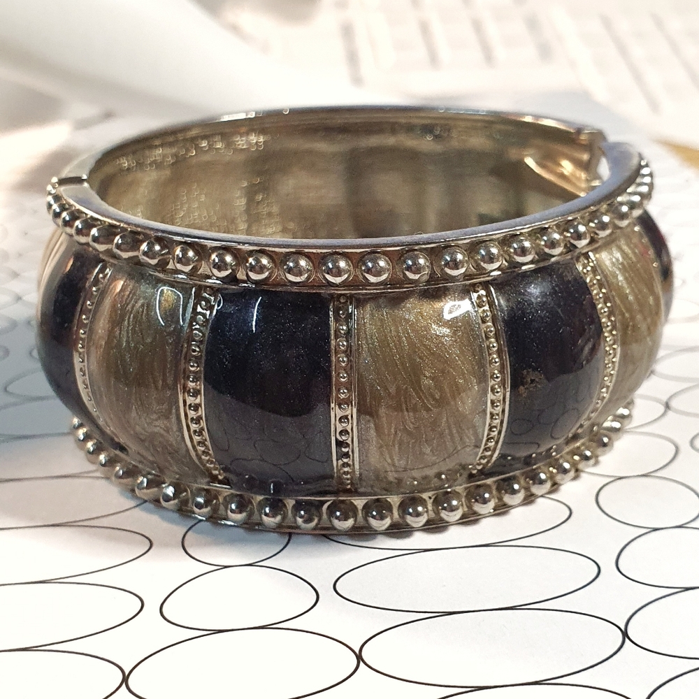 Gray & Black Metal Wide Enamel Hinged Cuff Bracelet